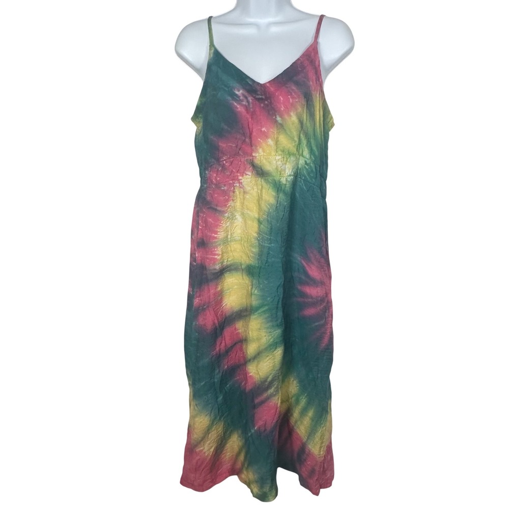 LACAUSA Womens Tie Dye Midi Tank Dress Pink Yellow Green Rayon Blend Medium